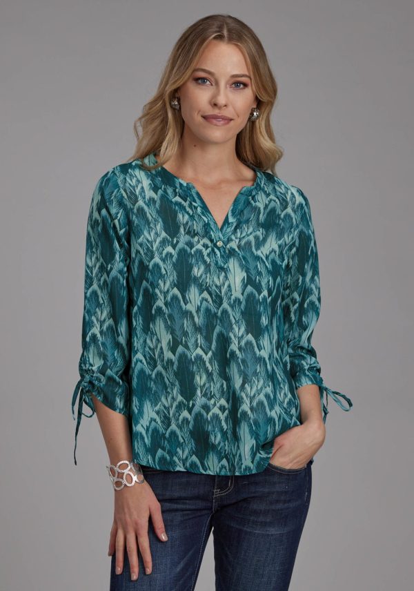 Roper Womens Feather Georgette Teal 100% Polyester 3 4 Sleeve S S Blouse For Discount