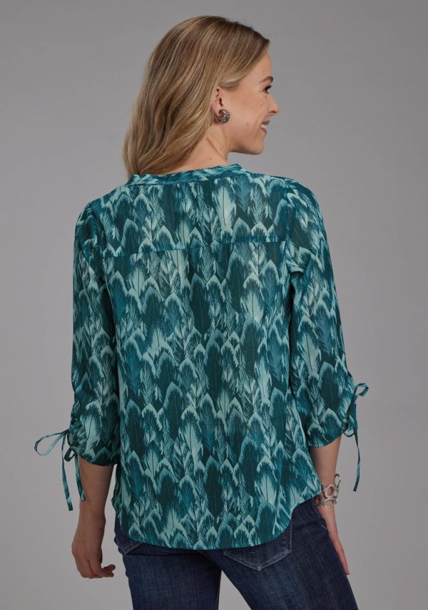Roper Womens Feather Georgette Teal 100% Polyester 3 4 Sleeve S S Blouse For Discount - Image 3
