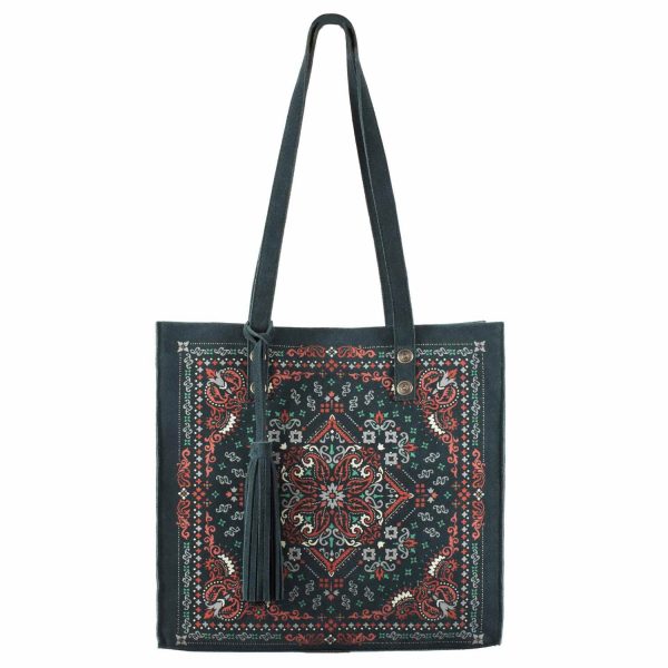 Scully Womens Artisan Print Carryall Blue Suede 13x13x4.5in Tote Bag on Sale