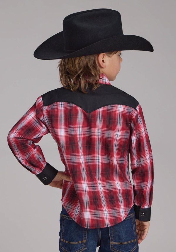 Roper Kids Boys 2131 Plaid Fancy Red White Cotton Blend L S Shirt Online Sale - Image 3