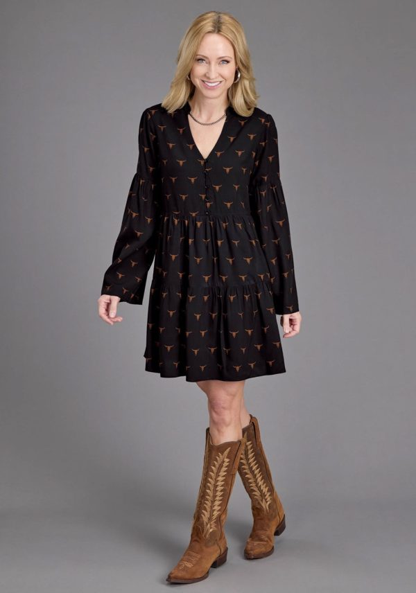 Stetson Womens Longhorn Mojave Print Black 100% Rayon L S Dress For Sale - Image 2