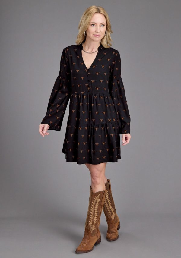 Stetson Womens Longhorn Mojave Print Black 100% Rayon L S Dress For Sale