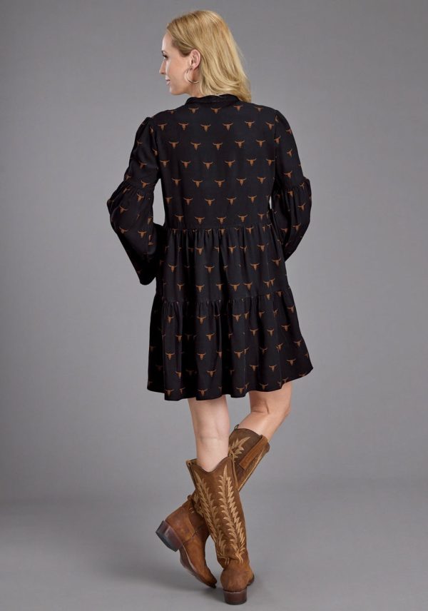 Stetson Womens Longhorn Mojave Print Black 100% Rayon L S Dress For Sale - Image 3