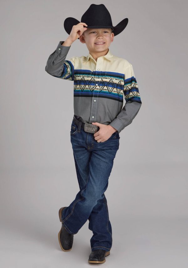 Roper Kids Boys Retro Diamond Border Blue 100% Cotton L S Shirt Discount - Image 2