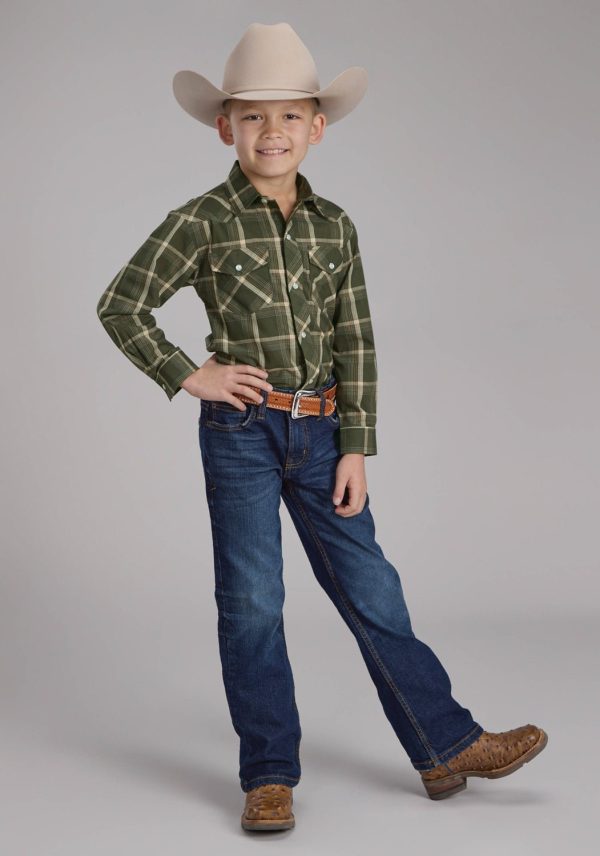 Roper Kids Boys 2127 Plaid Olive Orange Cotton Blend L S Shirt Online Hot Sale - Image 2