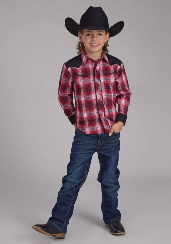 Roper Kids Boys 2131 Plaid Fancy Red White Cotton Blend L S Shirt Online Sale - Image 2