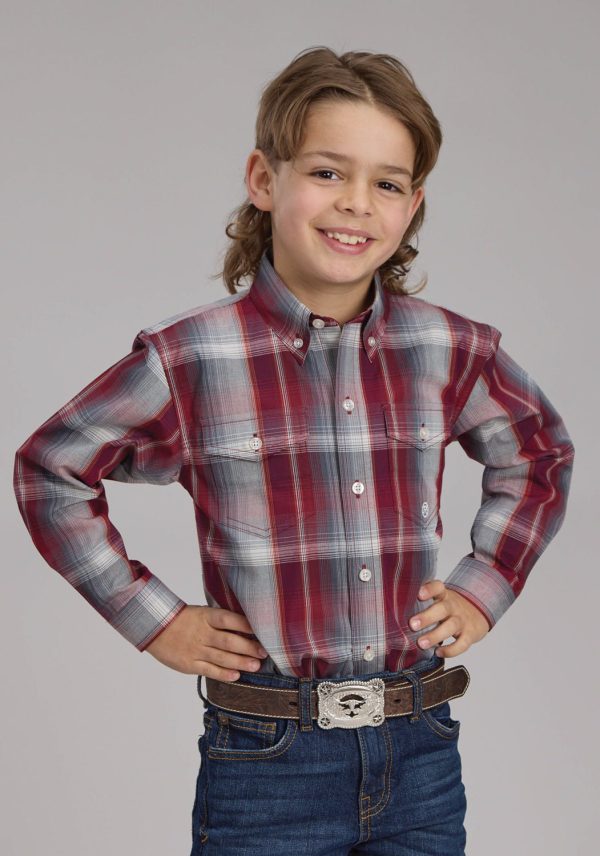 Roper Kids Boys 2248 Plaid Wine Smoke 100% Cotton Btn L S Shirt Online Sale