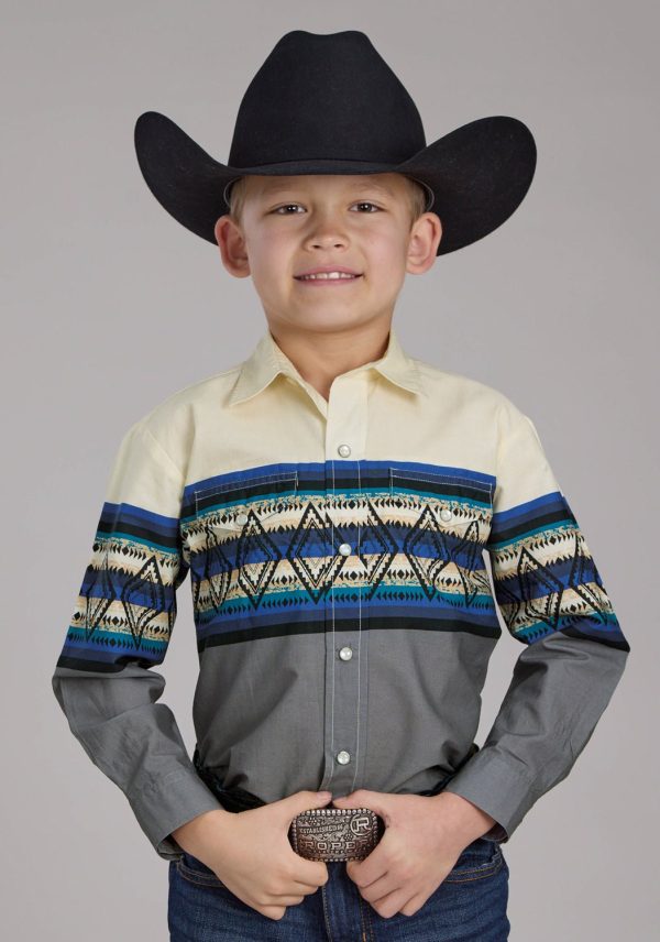 Roper Kids Boys Retro Diamond Border Blue 100% Cotton L S Shirt Discount