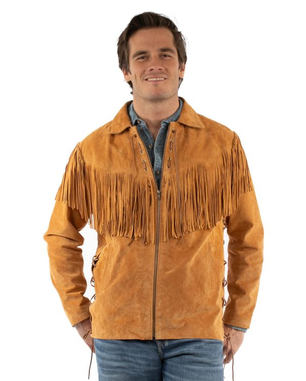 Scully Mens Rugged Fringe Bourbon Suede Leather Jacket Sale