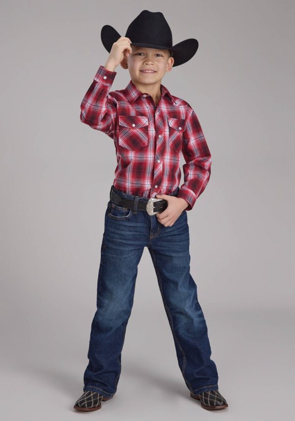 Roper Kids Boys 2131 Plaid Red White Cotton Blend L S Shirt Discount - Image 2