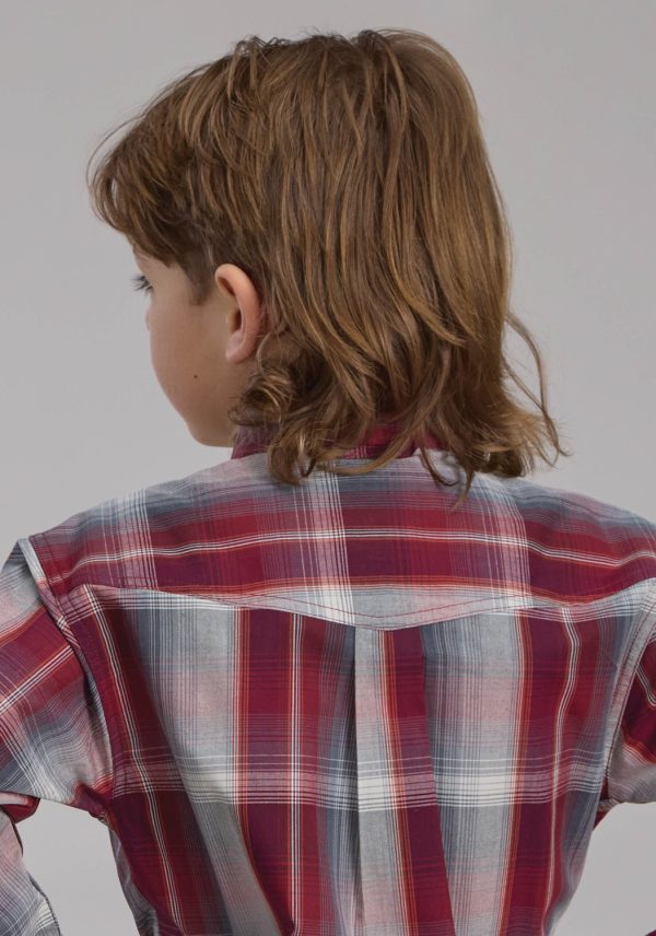Roper Kids Boys 2248 Plaid Wine Smoke 100% Cotton Btn L S Shirt Online Sale - Image 3
