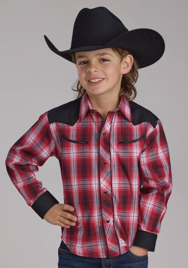 Roper Kids Boys 2131 Plaid Fancy Red White Cotton Blend L S Shirt Online Sale