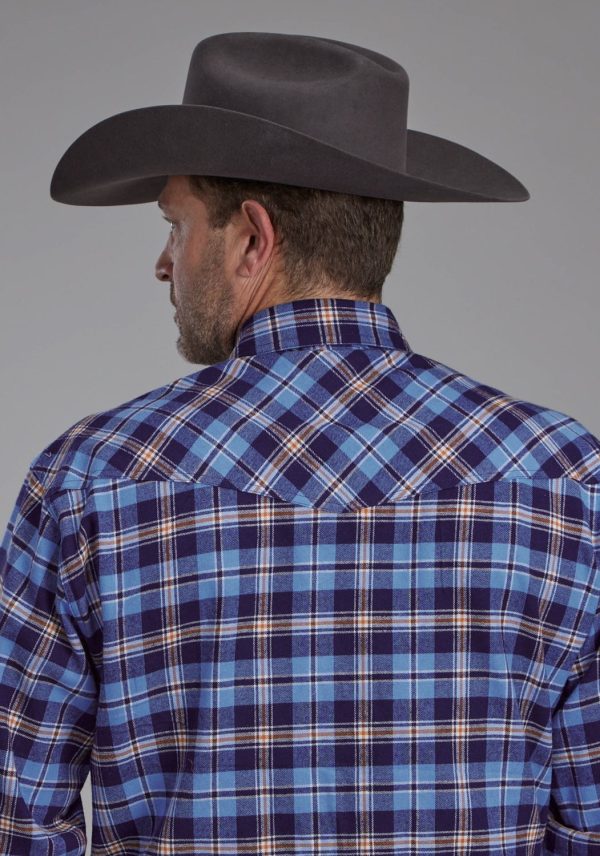 Roper Mens Unlined Flannel Blue 100% Cotton Tall L S Shirt For Cheap - Image 3