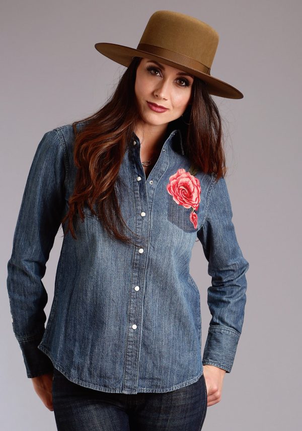 Stetson Womens Rose Boyfriend Fit Blue 100% Cotton L S Shirt Cheap - Image 2
