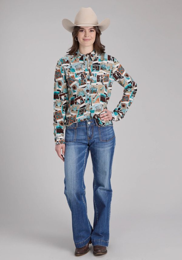 Roper Womens Photo Collage Multi-Color 100% Rayon L S Blouse Online Hot Sale - Image 2