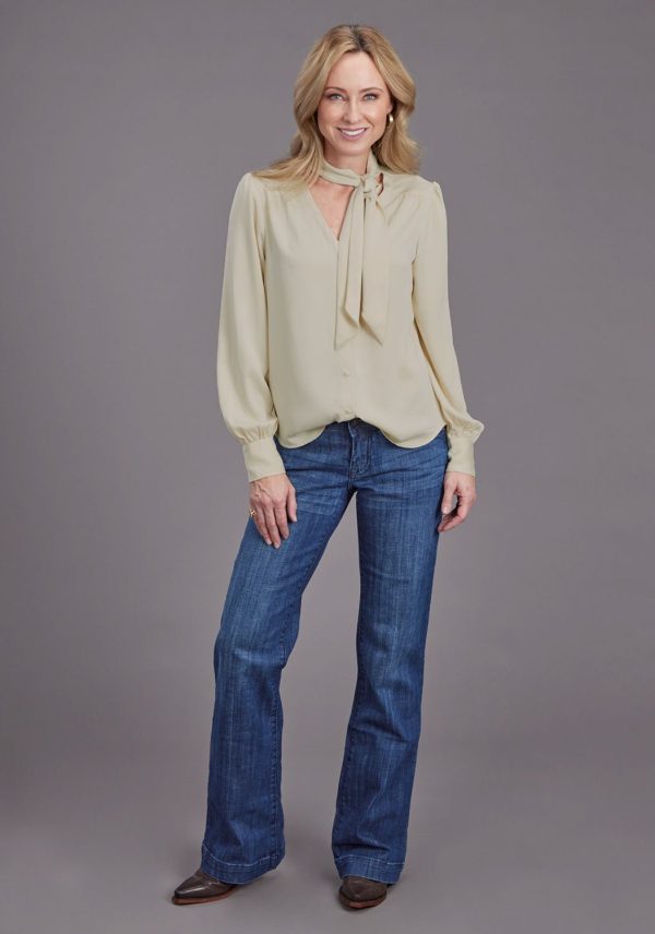 Stetson Womens Button Satin Cream 100% Polyester L S Blouse For Cheap - Image 2