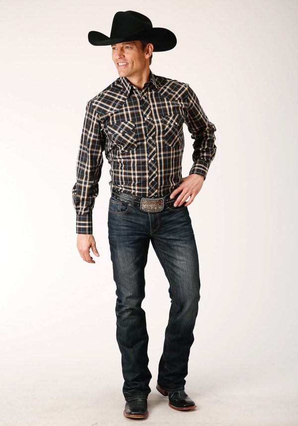 Roper Mens 1711 Tall Plaid Navy Gold Cotton Blend L S Shirt For Cheap - Image 2