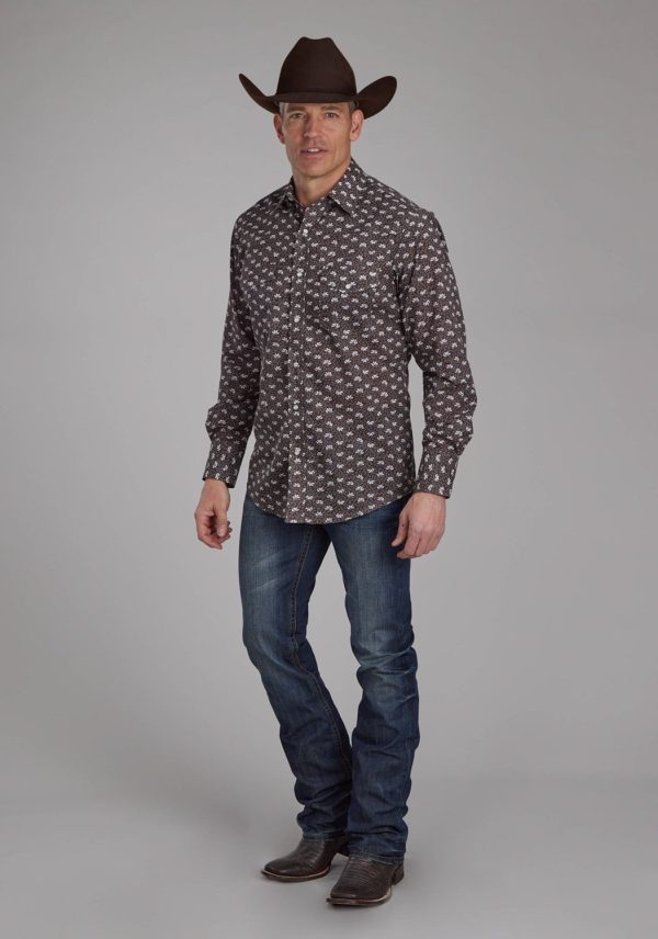 Roper Mens Floral Print Brown Cream Cotton Blend L S Shirt Sale - Image 2