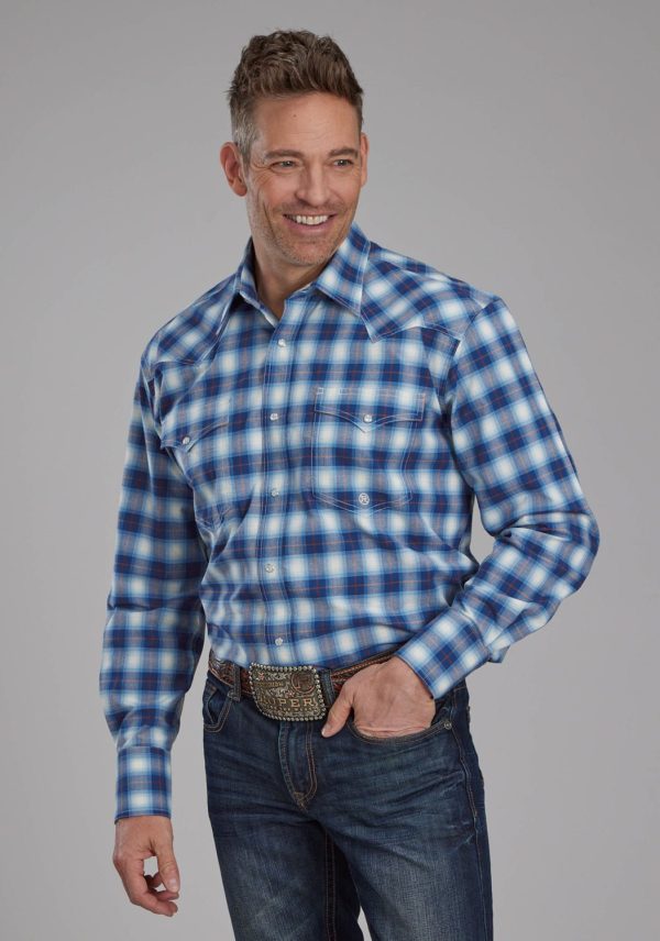 Roper Mens 2164 Stretch Plaid Blue Cotton Blend Tall L S Shirt For Sale