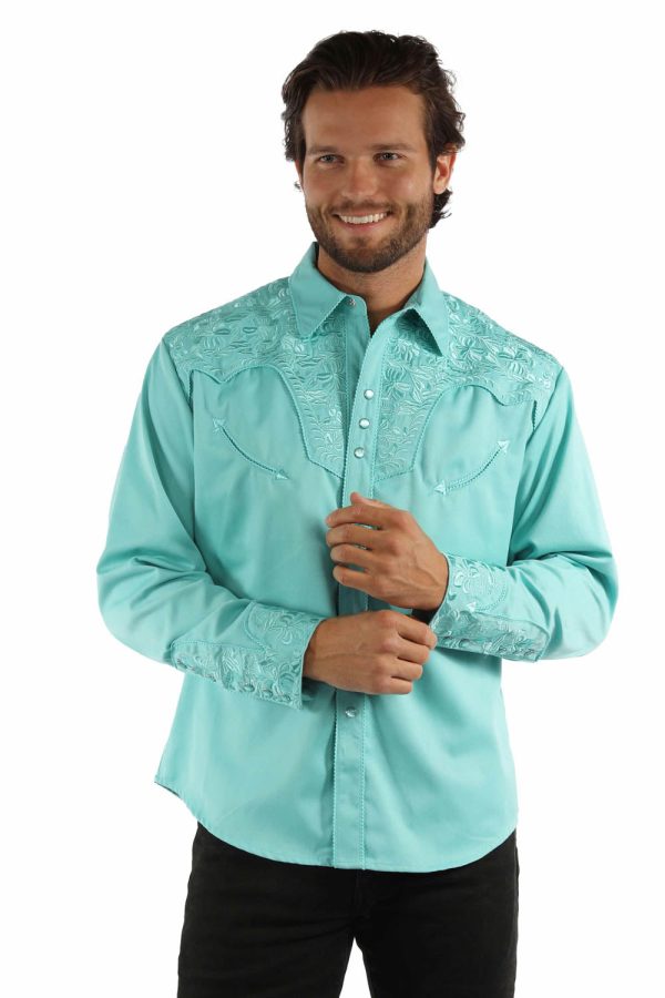 Scully Mens Floral Tooled Embroidery Caribbean Poly Rayon L S Shirt Online