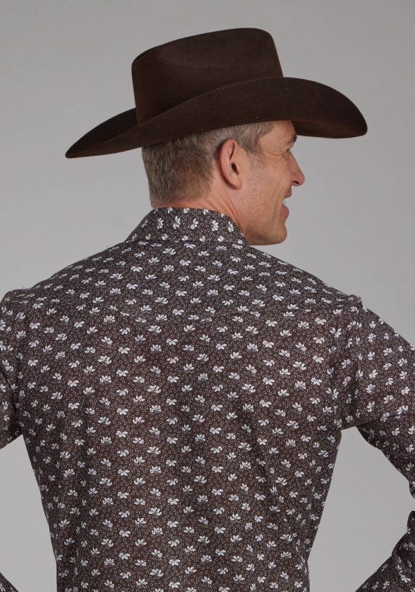 Roper Mens Floral Print Brown Cream Cotton Blend L S Shirt Sale - Image 3