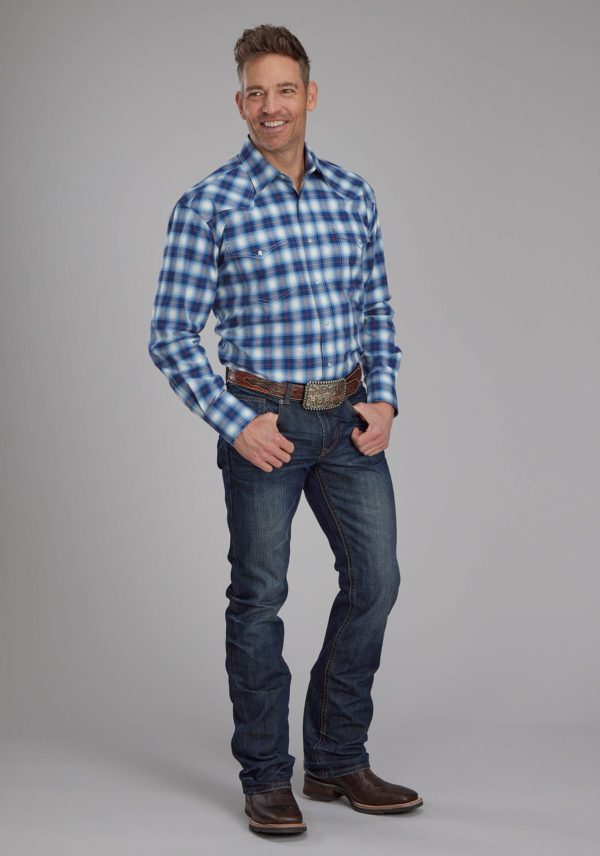 Roper Mens 2164 Stretch Plaid Blue Cotton Blend Tall L S Shirt For Sale - Image 2