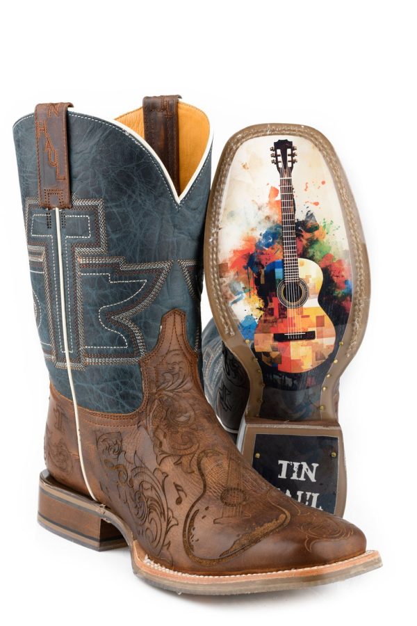 Tin Haul Mens Guitar Man Rock On Brown Leather Cowboy Boots Cheap