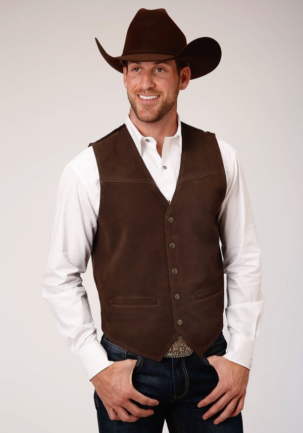 Roper Mens Buckle Tie Brass Snaps Dark Brown Suede Leather Vest Online Hot Sale