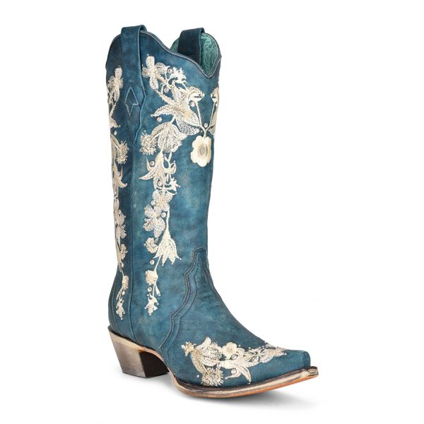 Corral Womens A4361 Navy Blue Leather 13in White Floral Cowboy Boots 9 M Supply - Image 2