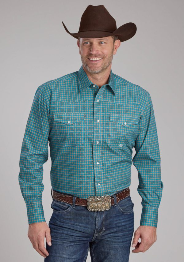 Roper Mens 2244 Castile Foulard Turquoise 100% Cotton L S Shirt on Sale