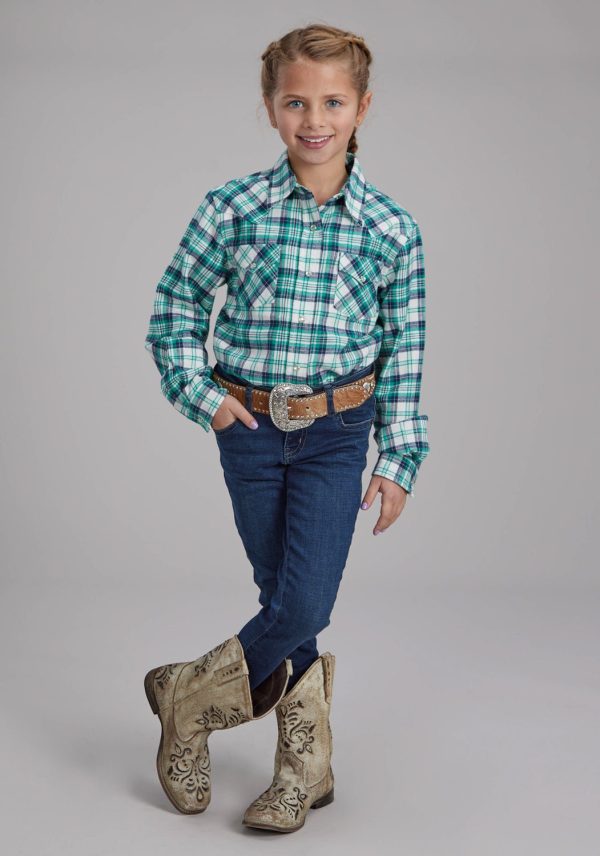 Roper Kids Girls 2206 Unlined Flannel Green 100% Cotton L S Shirt Supply - Image 2