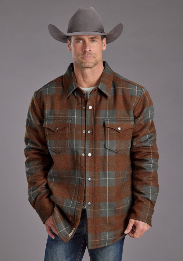 Stetson Mens Plaid Shirt Charcoal Rust Poly Wool Wool Jacket Fashion