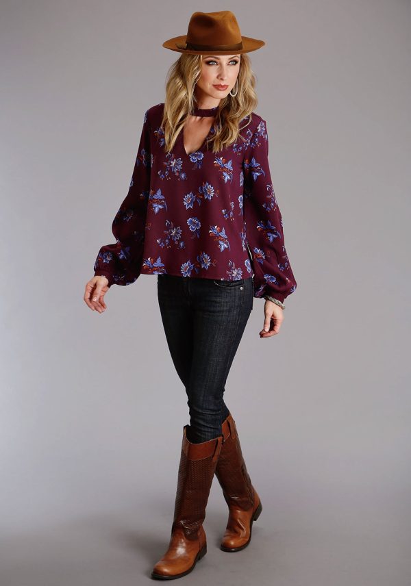 Stetson Womens Floral Herringbone Wine Blue 100% Rayon L S Blouse Online Sale