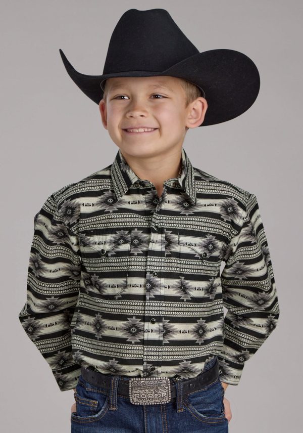 Roper Kids Boys 2182 Santa Fe Aztec Black 100% Cotton L S Shirt Cheap