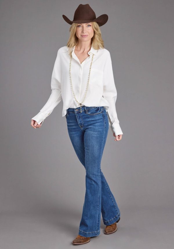 Stetson Womens Loose Collared Cream 100% Rayon L S Blouse For Sale