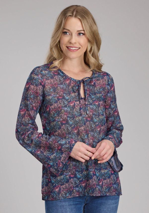Roper Womens Gem Floral Keyhole Multi-Color 100% Cotton L S Blouse Sale