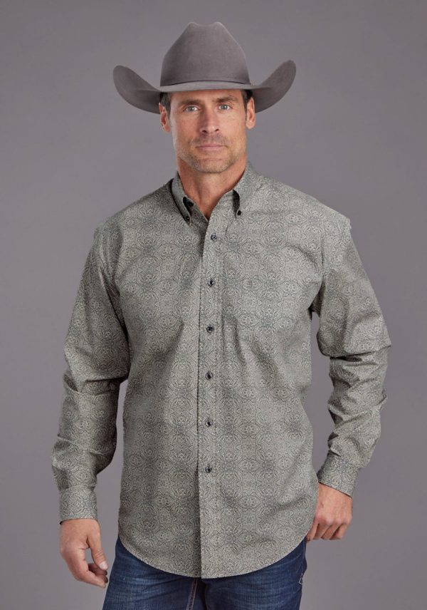 Stetson Mens 2144 Sterling Medallion Grey 100% Cotton 1 Pkt L S Shirt For Sale