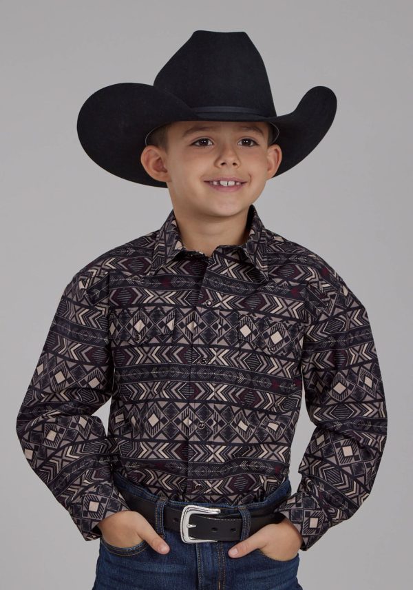 Roper Kids Boys Pop Color Aztec Grey 100% Cotton L S Shirt Cheap