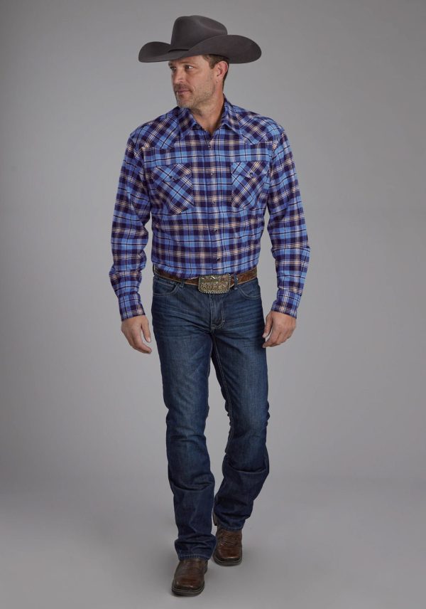Roper Mens Unlined Flannel Blue 100% Cotton Tall L S Shirt For Cheap - Image 2
