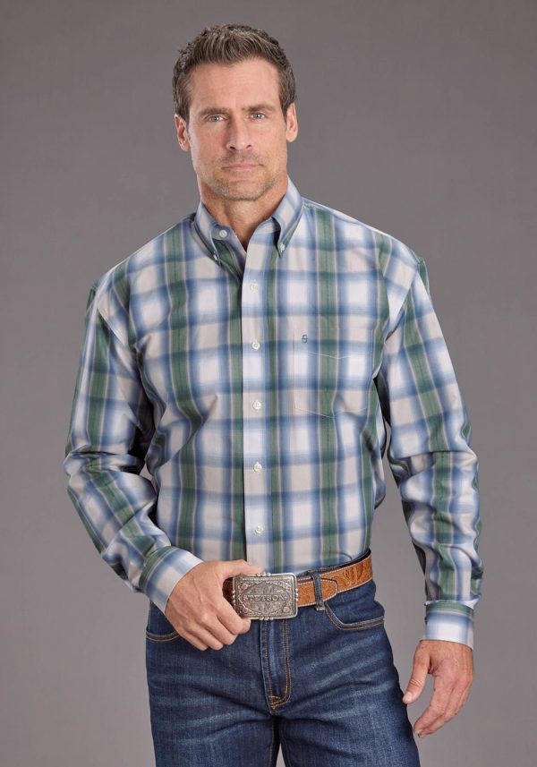Stetson Mens Moss Dobby Plaid Blue 100% Cotton 1 Pkt L S Shirt on Sale