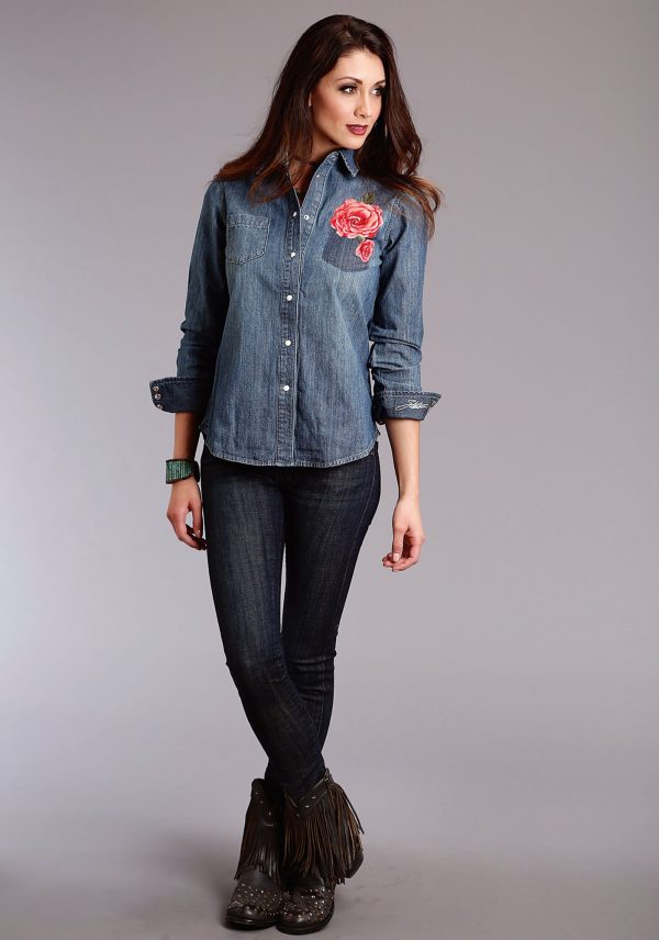 Stetson Womens Rose Boyfriend Fit Blue 100% Cotton L S Shirt Cheap - Image 3
