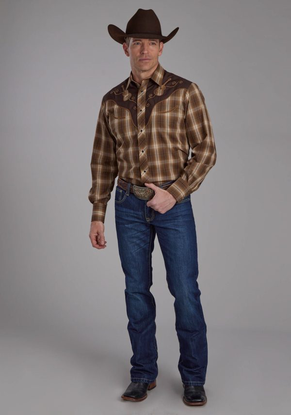 Roper Mens Guitar Applique Tobacco Black Cotton Blend L S Shirt Fashion - Image 2