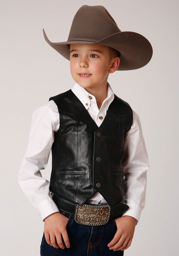 Roper Kids Boys Nappa Yokes Black Lamb Leather Leather Vest For Discount