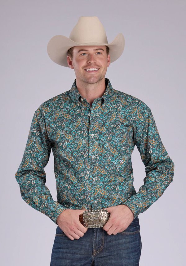 Roper Mens 2382 Dusk Paisley Turquoise 100% Cotton 1 Pkt L S Shirt For Discount