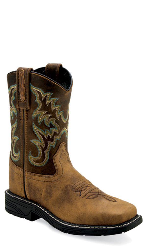 Old West Children Unisex Square Toe Burnt Tan Rugby Mustard Leather Cowboy Boots 11 D For Sale