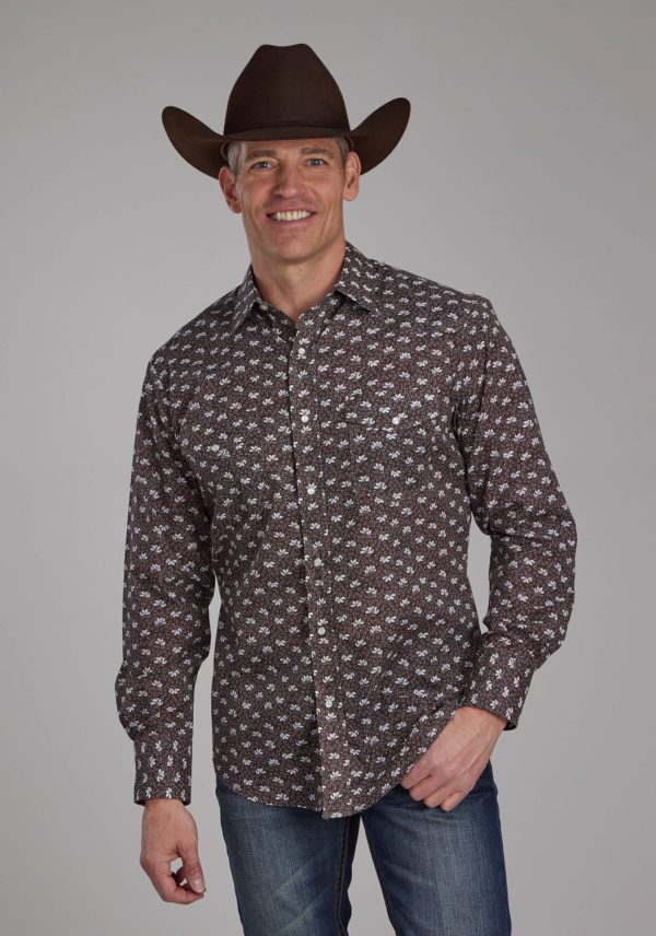 Roper Mens Floral Print Brown Cream Cotton Blend L S Shirt Sale