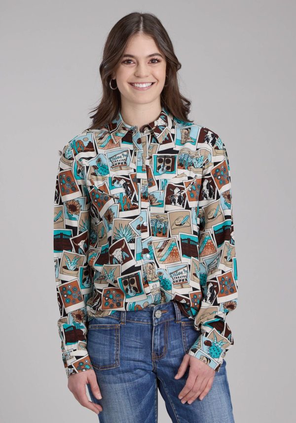 Roper Womens Photo Collage Multi-Color 100% Rayon L S Blouse Online Hot Sale
