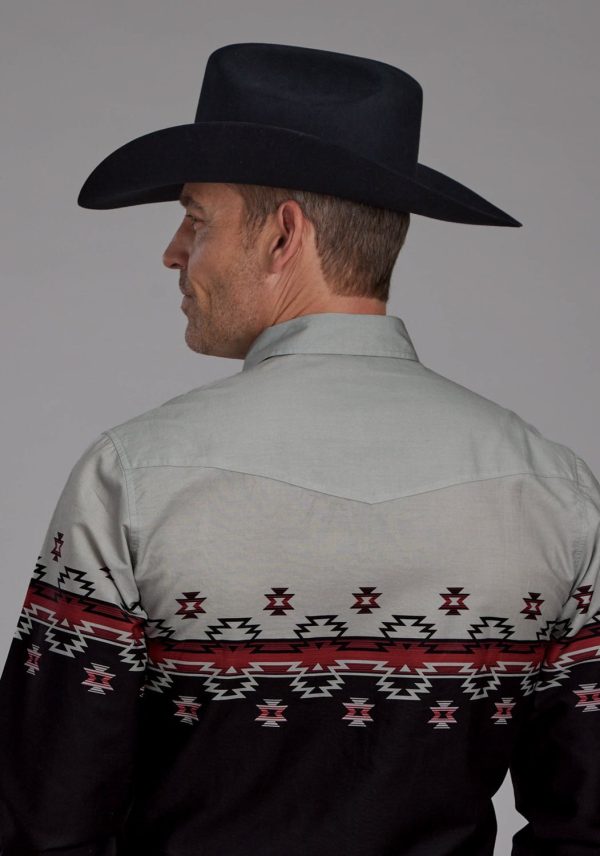 Roper Mens Ombre Aztec Border Black Grey 100% Cotton L S Shirt Fashion - Image 3