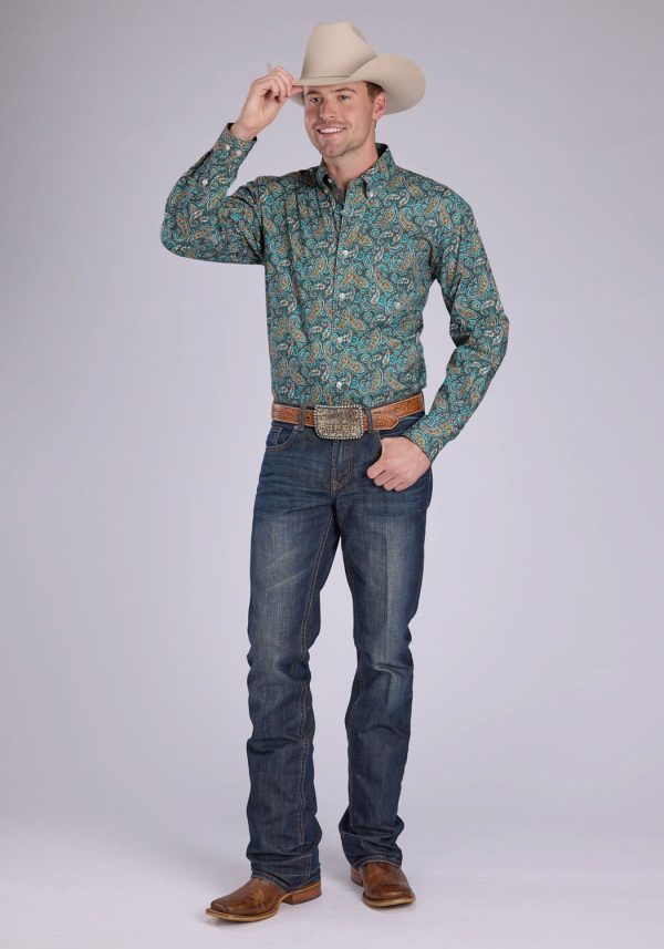 Roper Mens 2382 Dusk Paisley Turquoise 100% Cotton 1 Pkt L S Shirt For Discount - Image 2