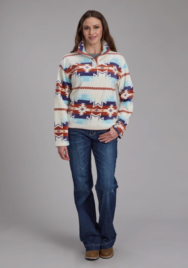 Roper Womens Large Aztec Print Cream Blue 100% Polyester Fleece Jacket Cheap - Image 2